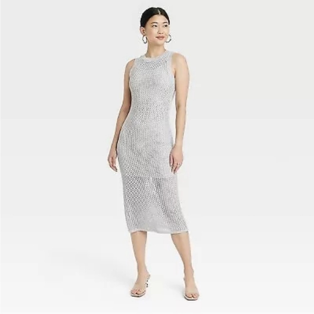 a new day Sleeveless Open Work Crochet Knit Sheer Midi Tank Dress in Gray Silver